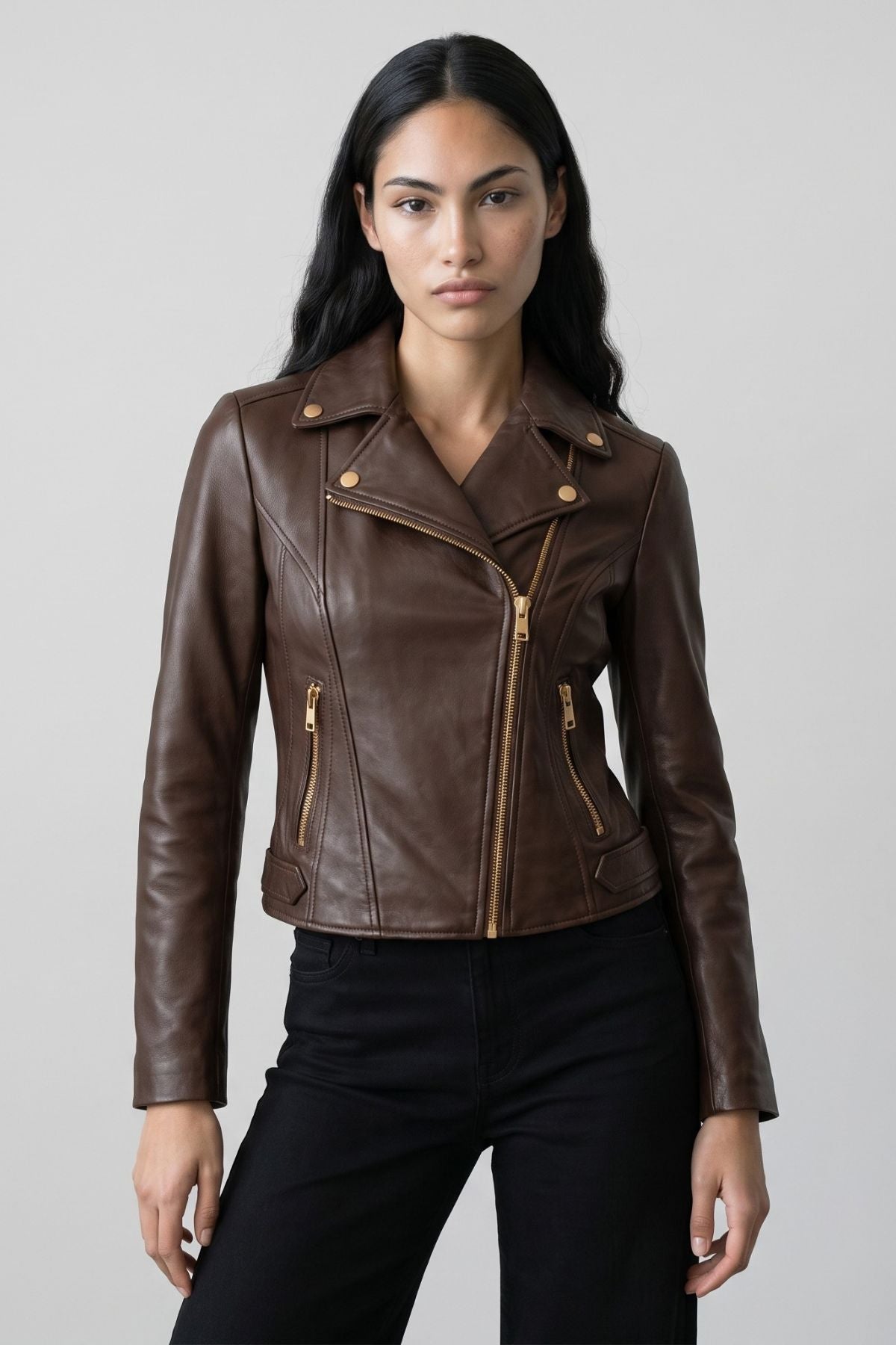 Leather Biker Jacket in Chocolate
