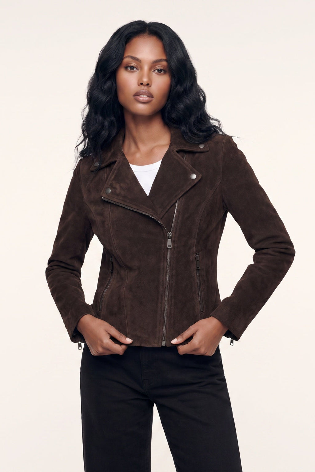 Lux Calf Suede Leather Biker Jacket in Chestnut