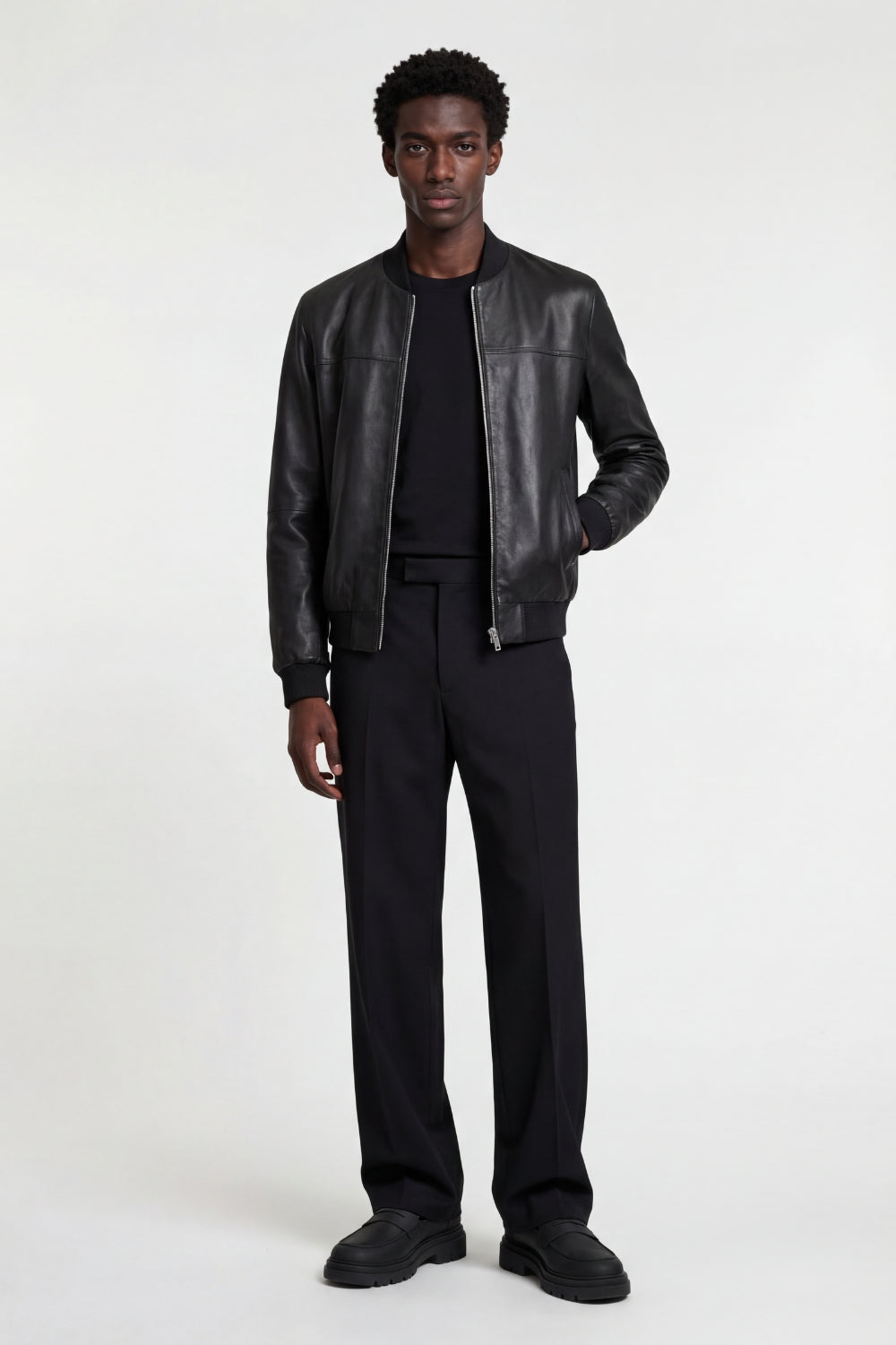 Leather Bomber Jacket in Black